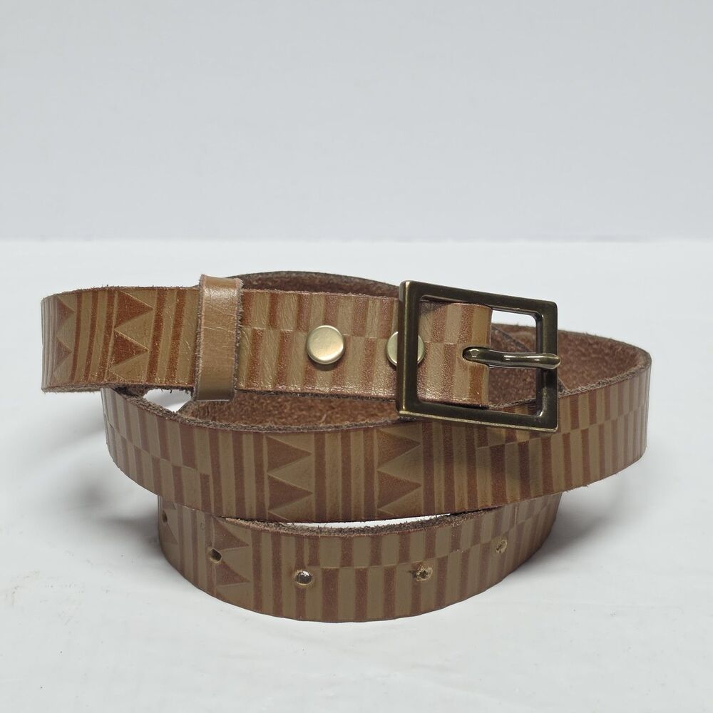 Lucky Brand Tan Brown Leather Native American Geometric Print Women's Belt Sz 38